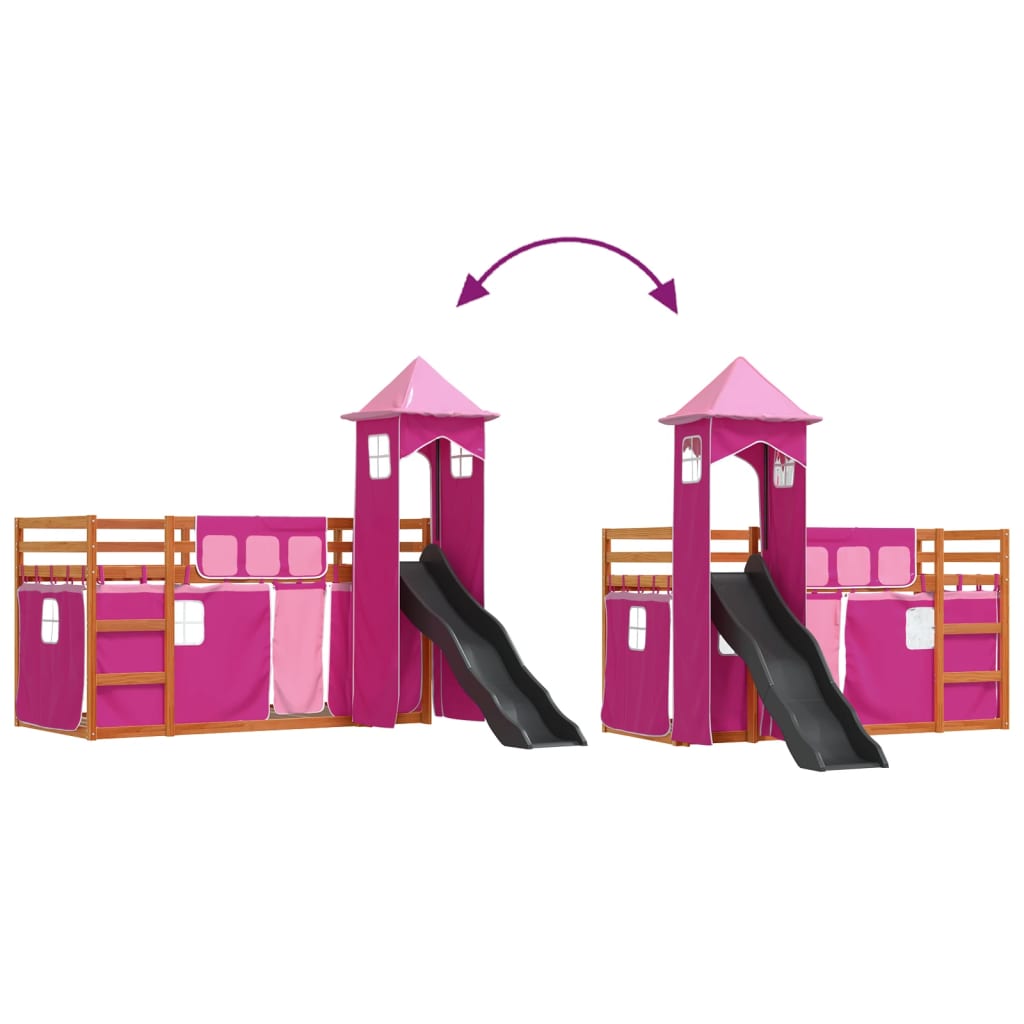 vidaXL Bunk Bed without Mattress with Slide and Curtains Pink 80x200 cm