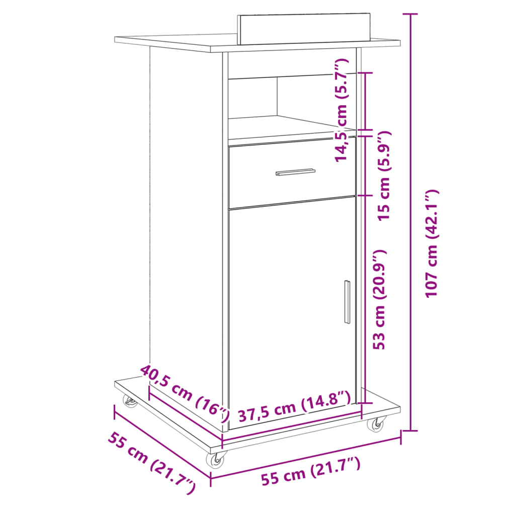 vidaXL Lectern with Wheels & Drawer Smoked Oak 55x55x107 cm Engineered Wood