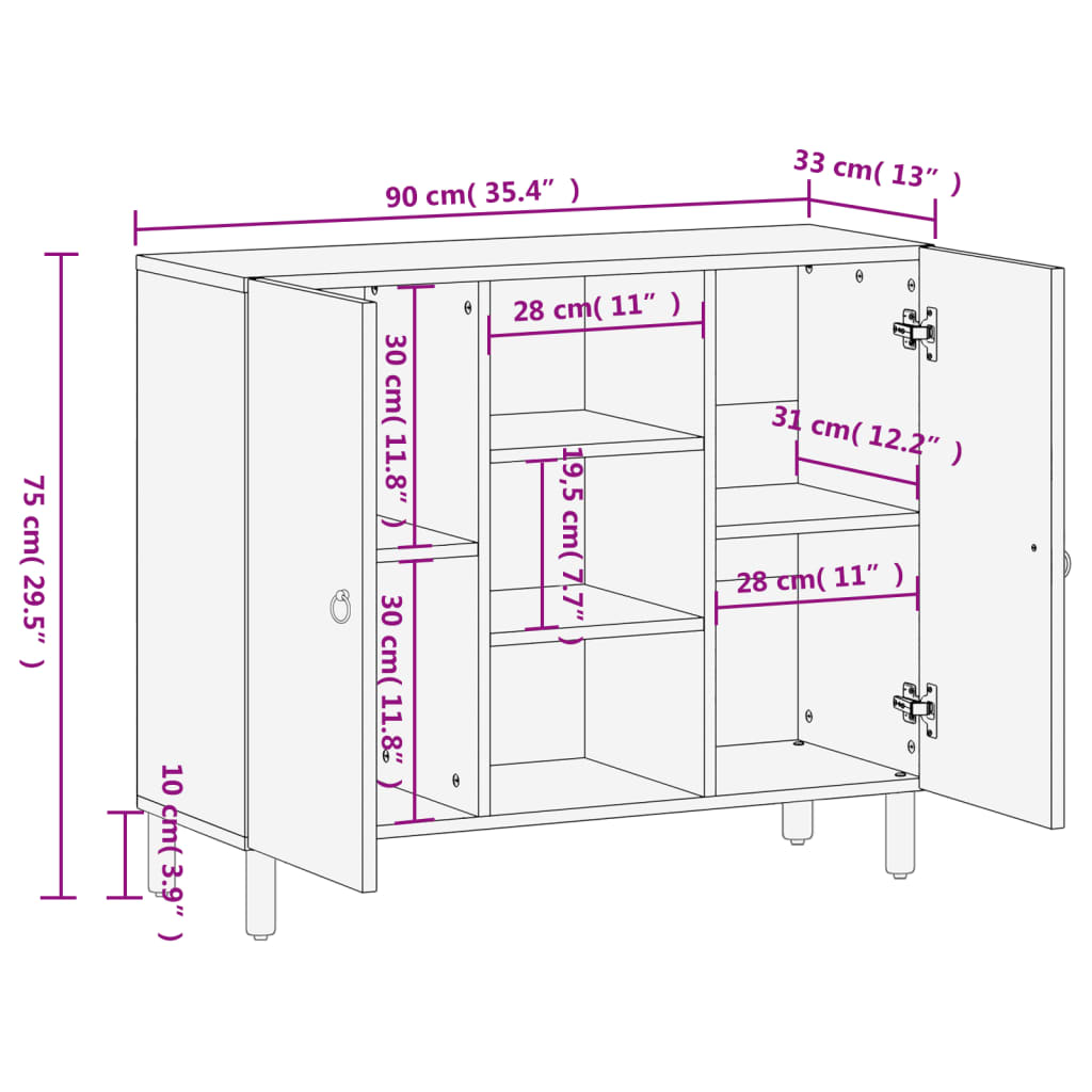 vidaXL Side Cabinet 90x33x75 cm Solid Wood Mango