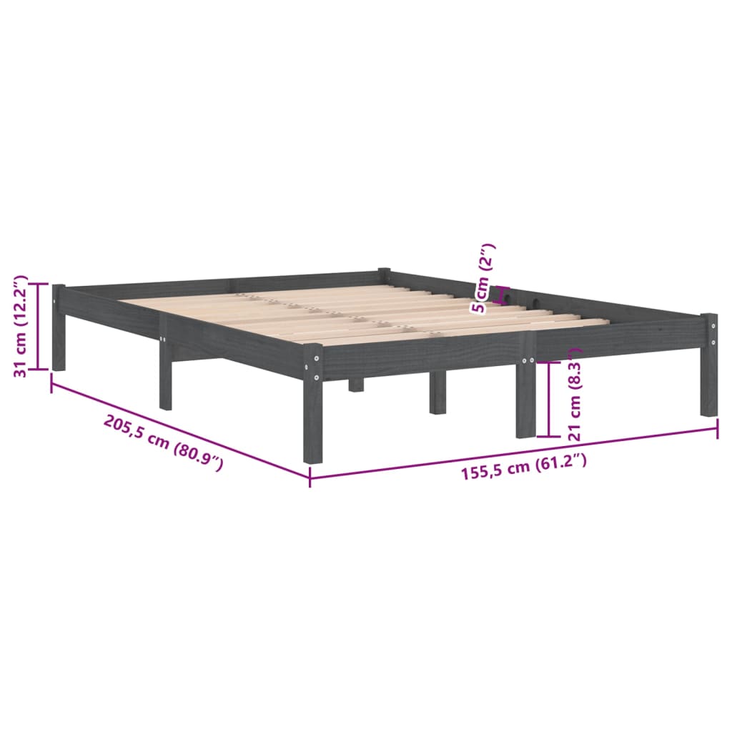 vidaXL Bed Frame without Mattress Grey Solid Wood King Size