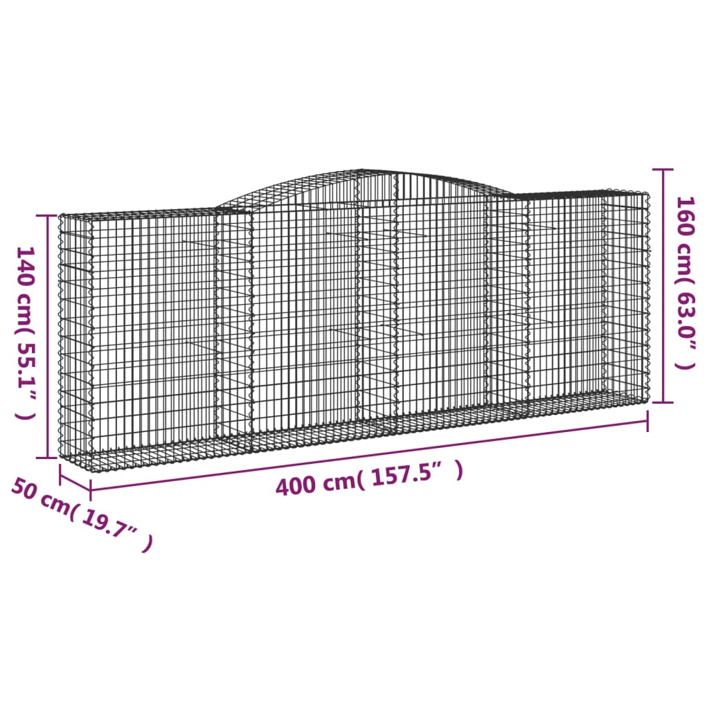 vidaXL Arched Gabion Baskets 25 pcs 400x50x140/160 cm Galvanised Iron