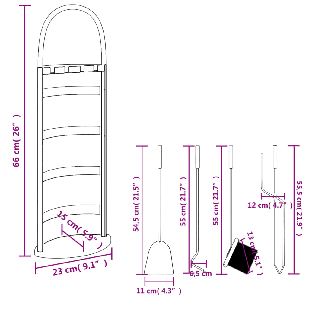 vidaXL 5 Piece Fireplace Tool Set 23x15x66 cm Steel