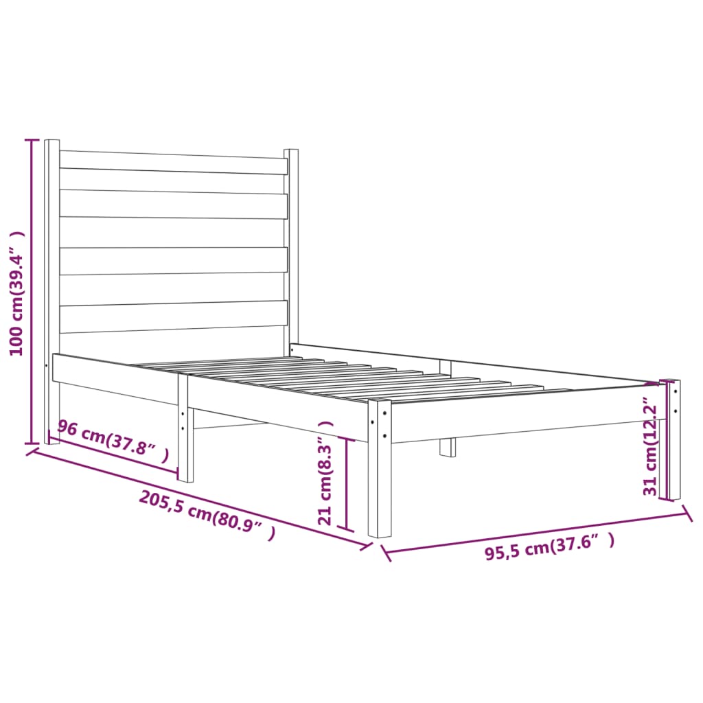 3103633 vidaXL Bed Frame without Mattress Solid Wood 90x200 cm (810002+818400)