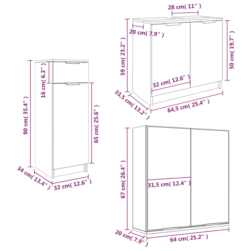 vidaXL 3 Piece Bathroom Cabinet Set White Engineered Wood