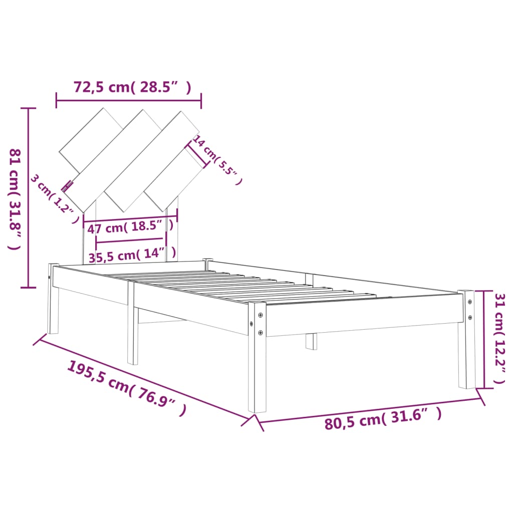 vidaXL Bed Frame without Mattress Black 75x190 cm Small Single Solid Wood