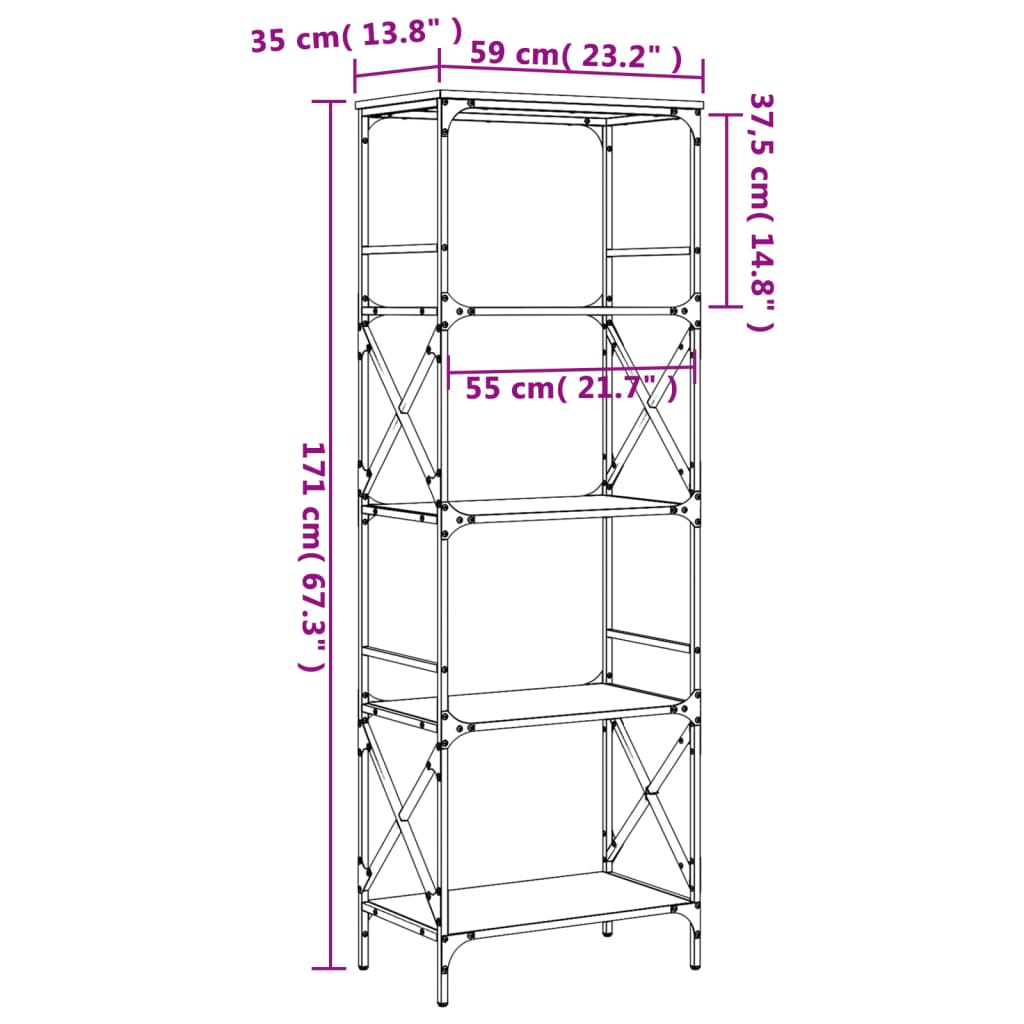 vidaXL Bookcase 5-Tier Grey Sonoma 59x35x171 cm Engineered Wood