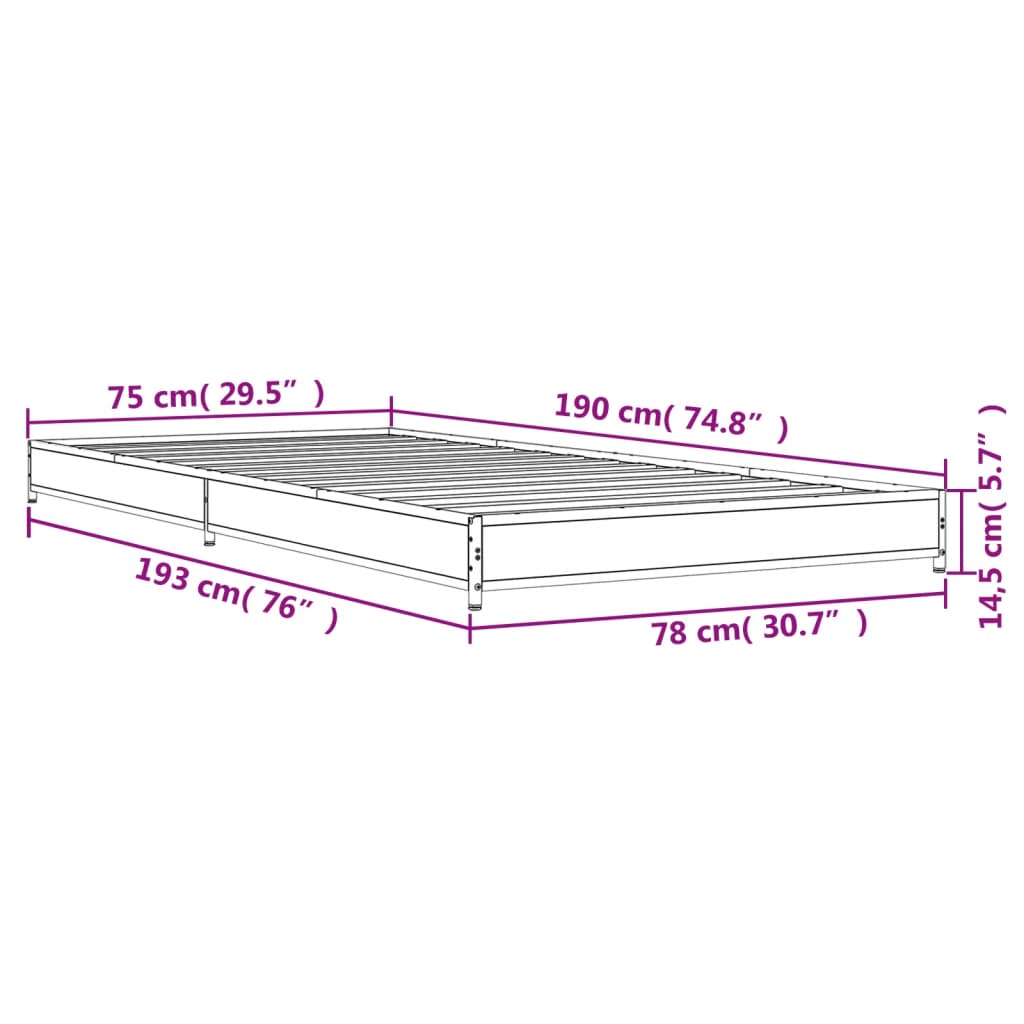 vidaXL Bed Frame without Mattress Grey Sonoma 75x190 cm Small Single