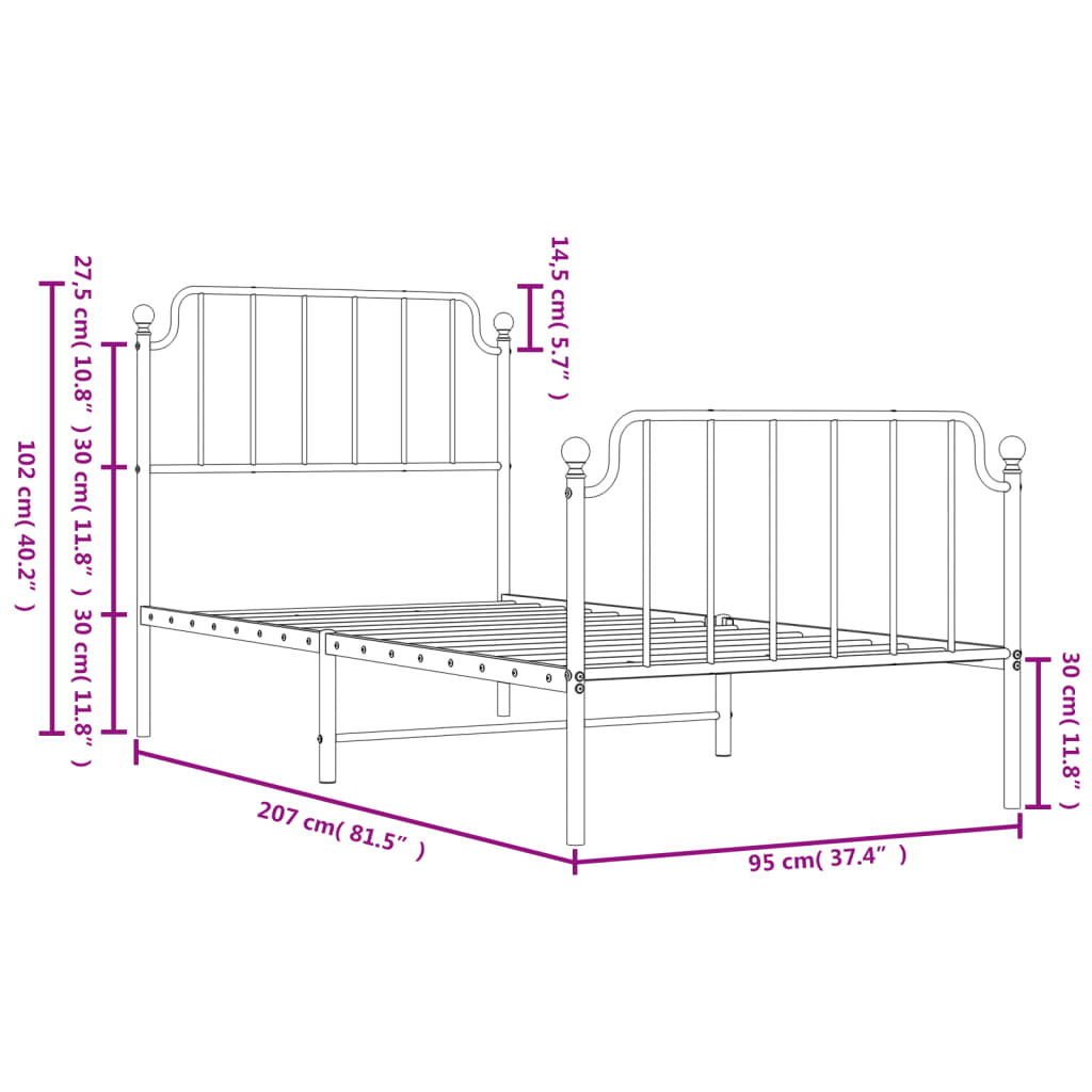 vidaXL Metal Bed Frame without Mattress with Footboard Black 90x200 cm