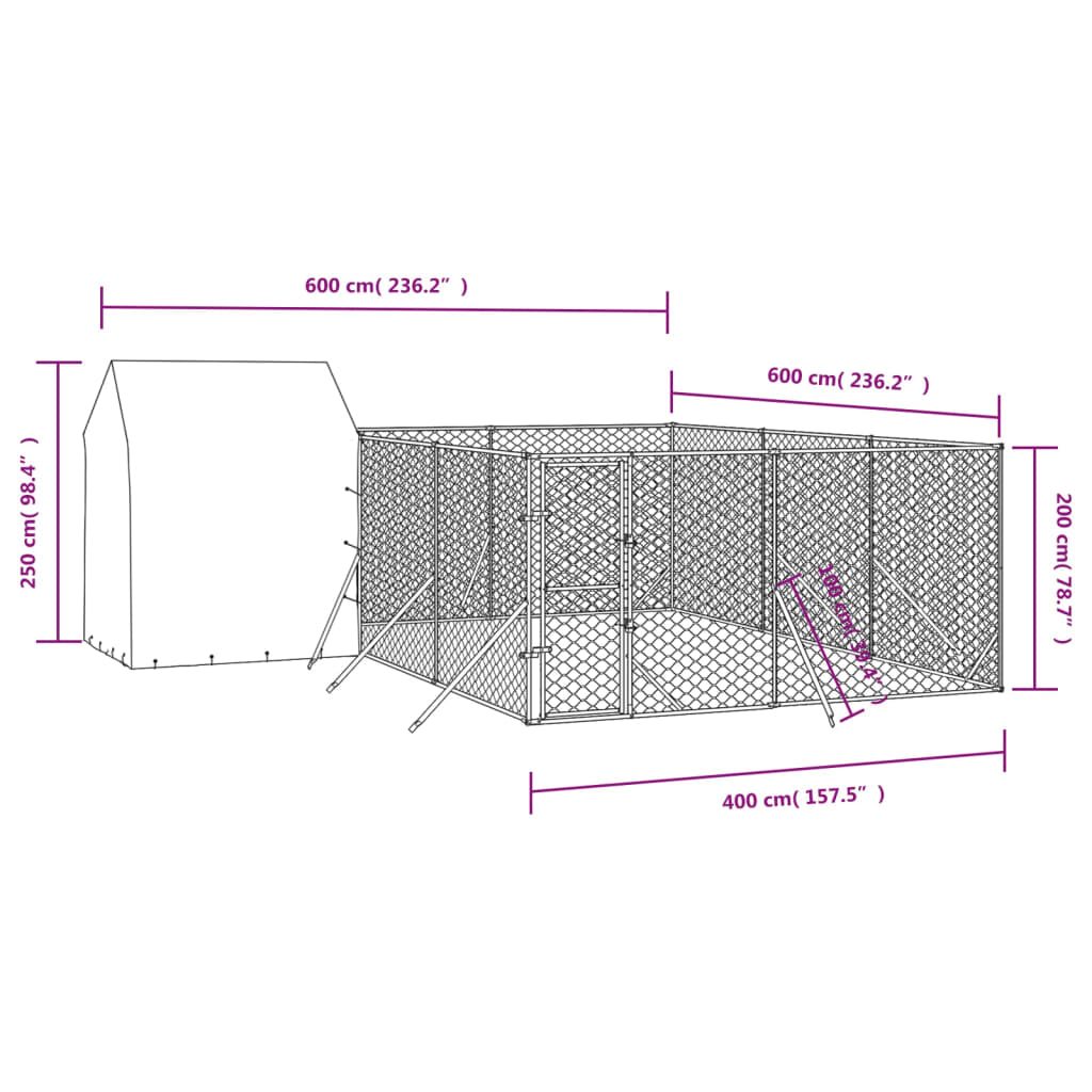 vidaXL Outdoor Dog Kennel with Roof Silver 6x6x2.5 m Galvanised Steel