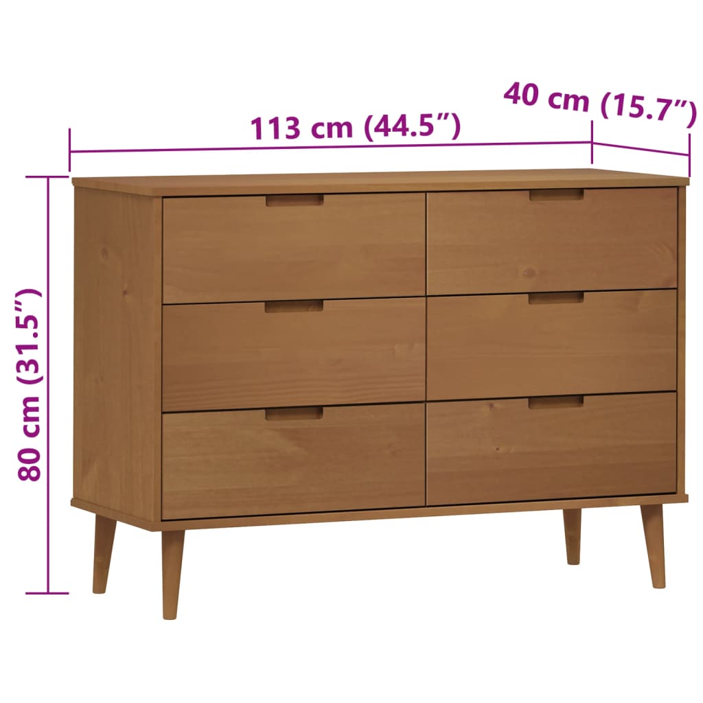 vidaXL Drawer Cabinet MOLDE Brown 113x40x80 cm Solid Wood Pine