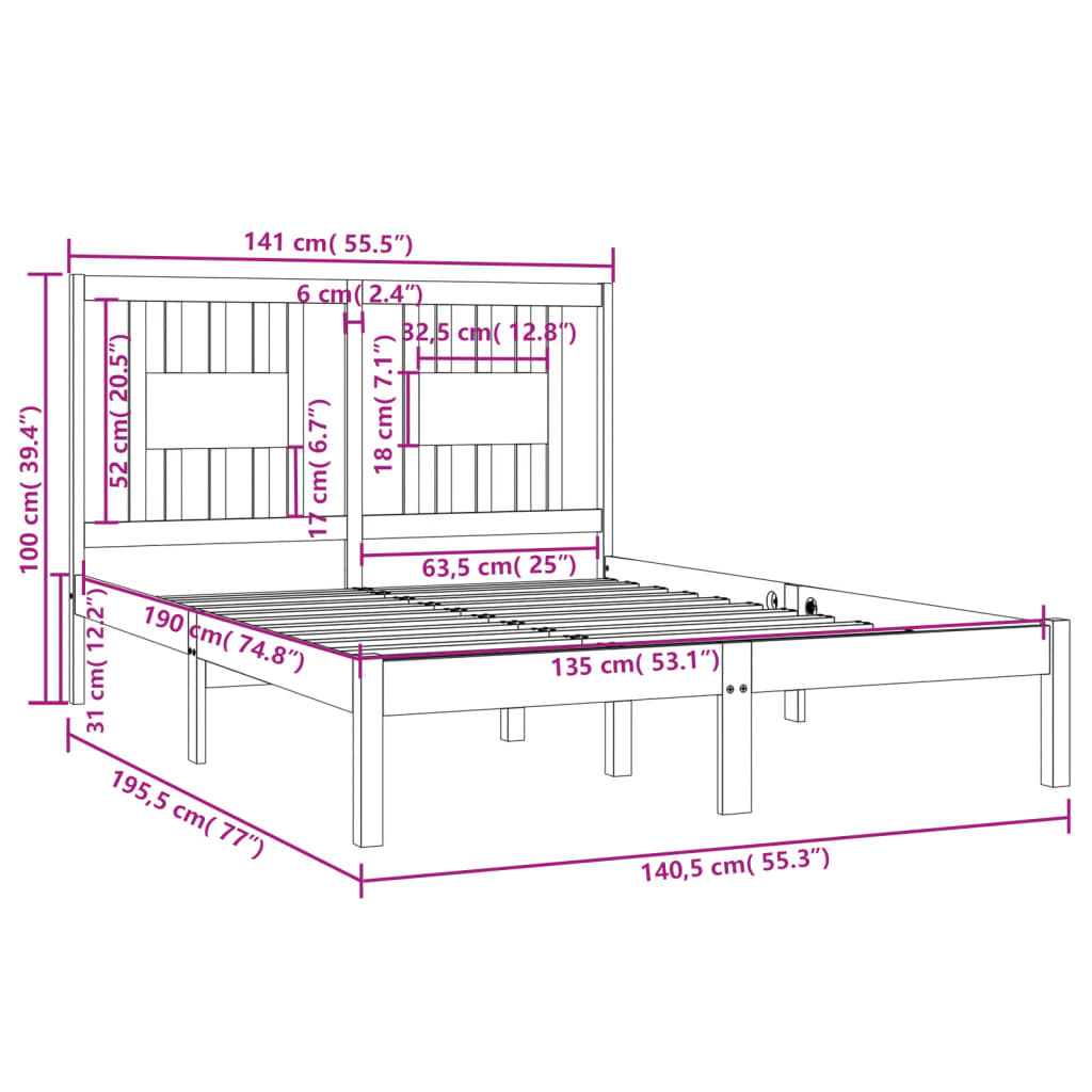 vidaXL Bed Frame without Mattress Black Solid Wood Double