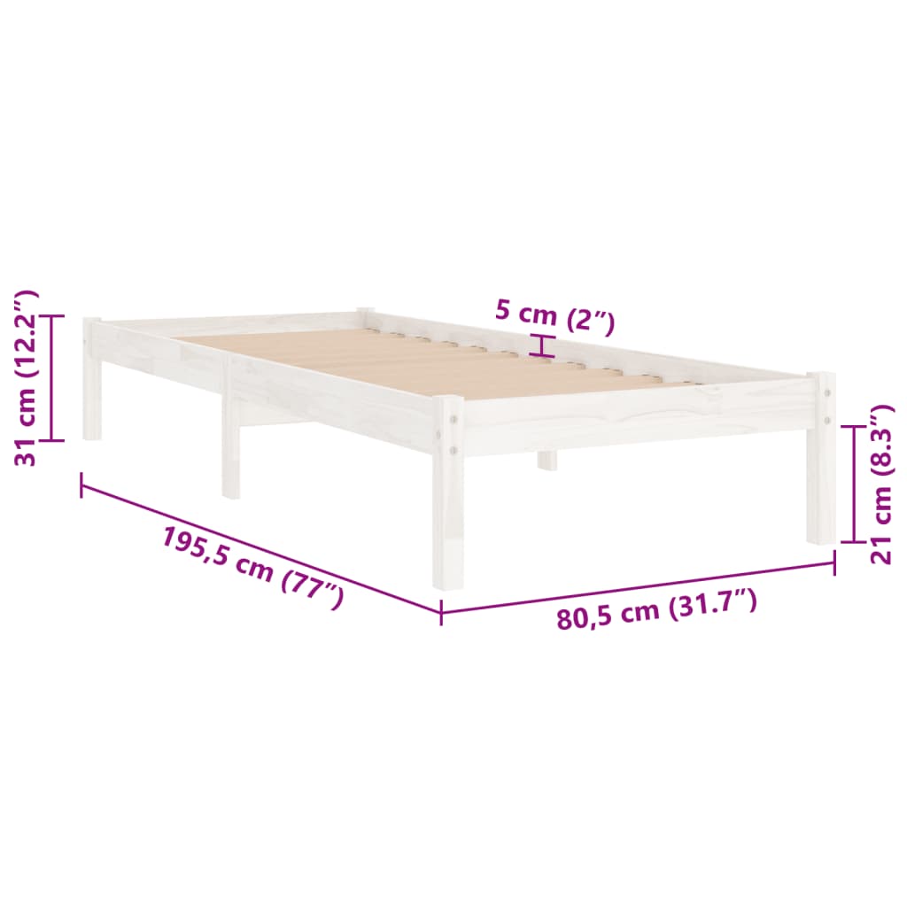 vidaXL Bed Frame without Mattress White Solid Wood Small Single