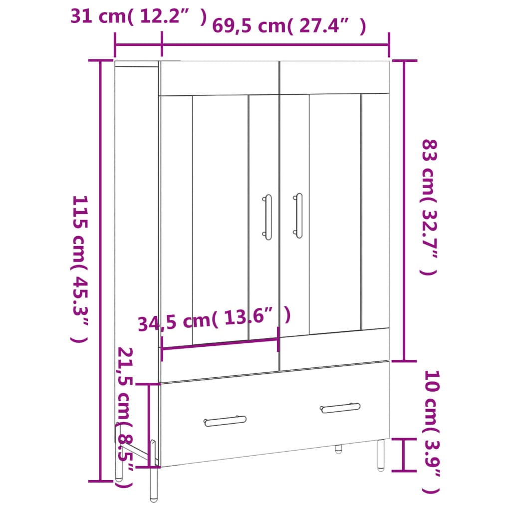 vidaXL Highboard Grey Sonoma 69.5x31x115 cm Engineered Wood