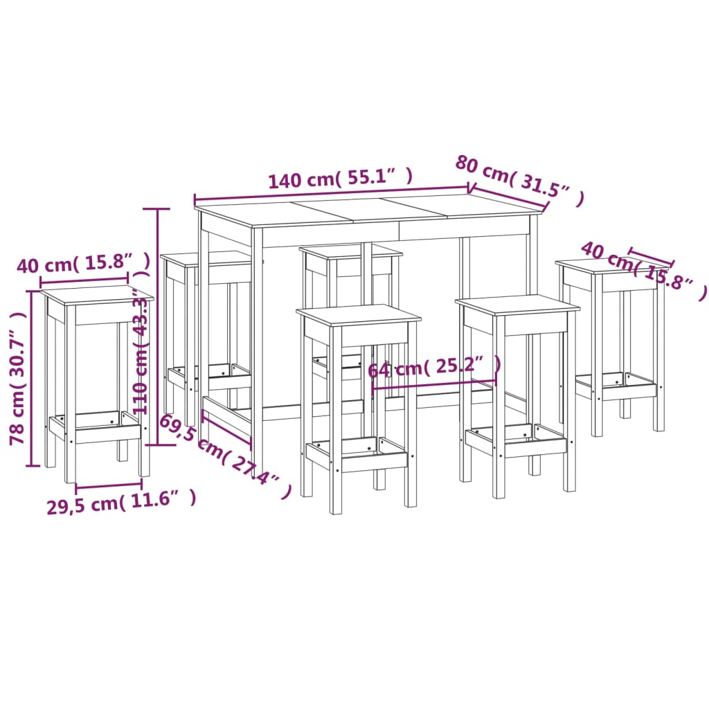 vidaXL 7 Piece Bar Set White Solid Wood Pine