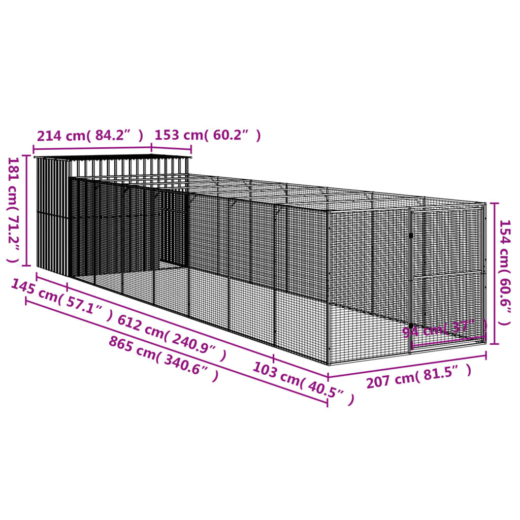 vidaXL Dog House with Run Anthracite 214x865x181 cm Galvanised Steel