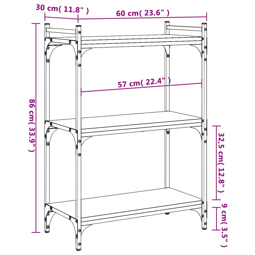 vidaXL Bookcase 3-Tier Black 60x30x86 cm Engineered Wood