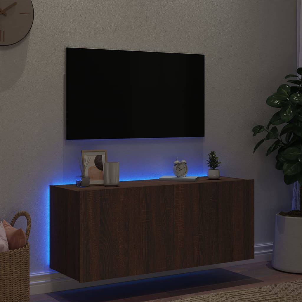 vidaXL TV Wall Cabinet with LED Lights Brown Oak 100x35x41 cm