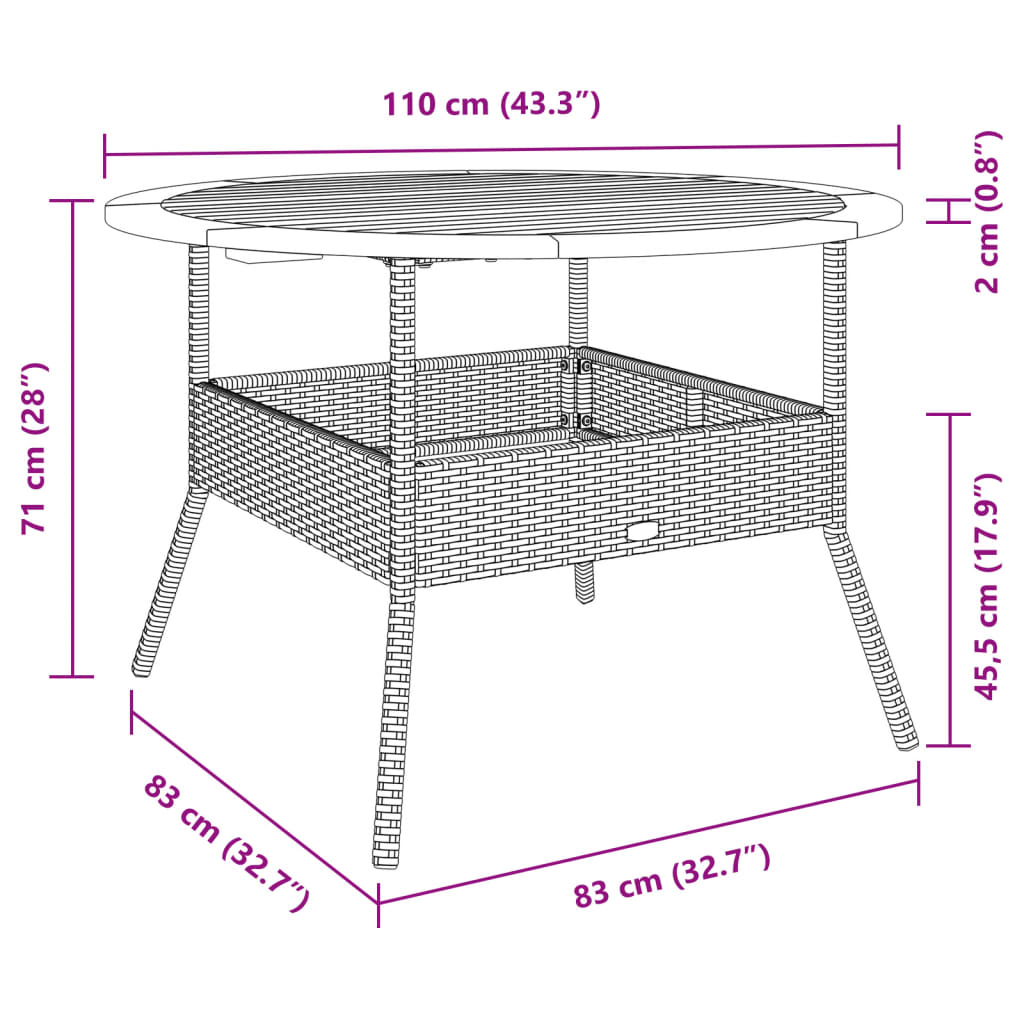 vidaXL Garden Table with Acacia Wood Top Beige Ø110x71 cm Poly Rattan