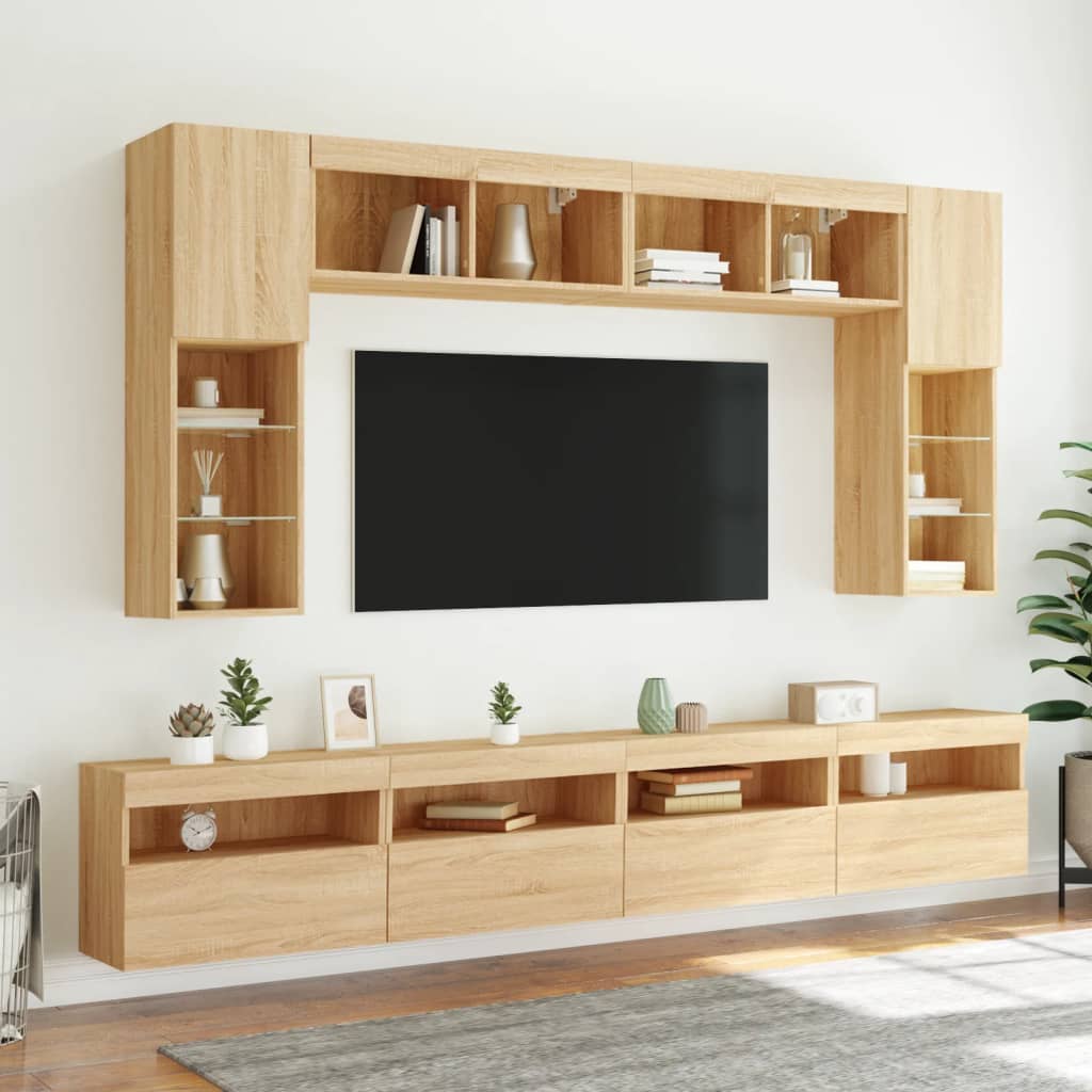 vidaXL 8 Piece TV Wall Cabinet Set with LED Lights Sonoma Oak