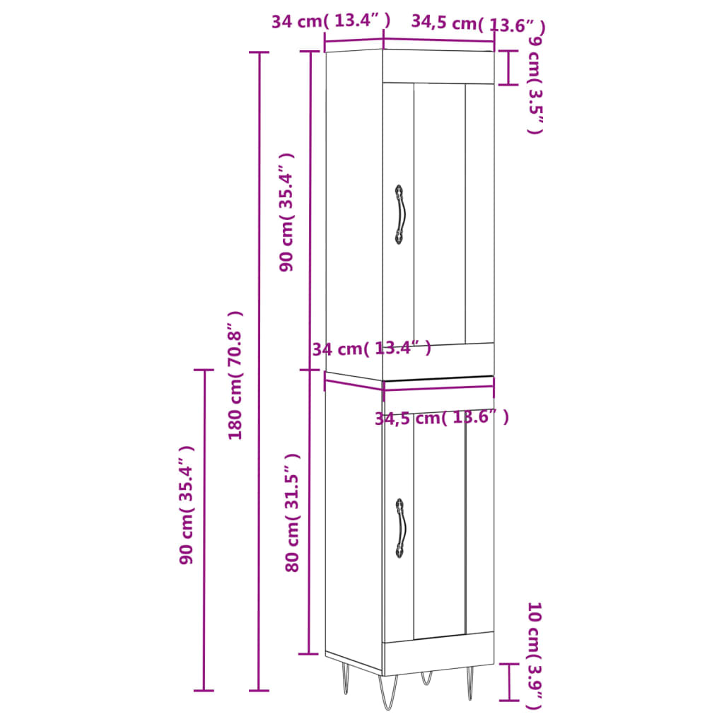 vidaXL Highboard Concrete Grey 34.5x34x180 cm Engineered Wood