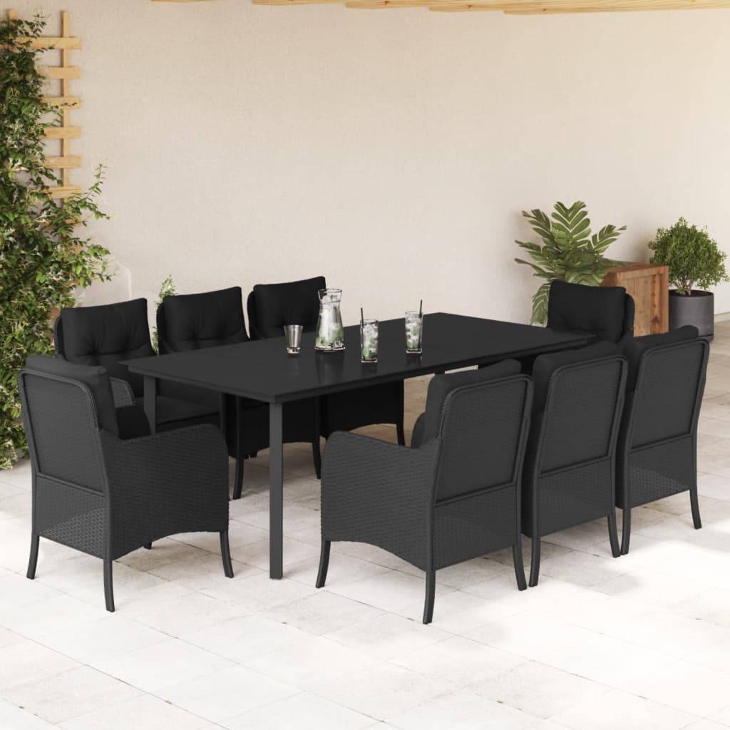 vidaXL 9 Piece Garden Dining Set with Cushions Black Poly Rattan