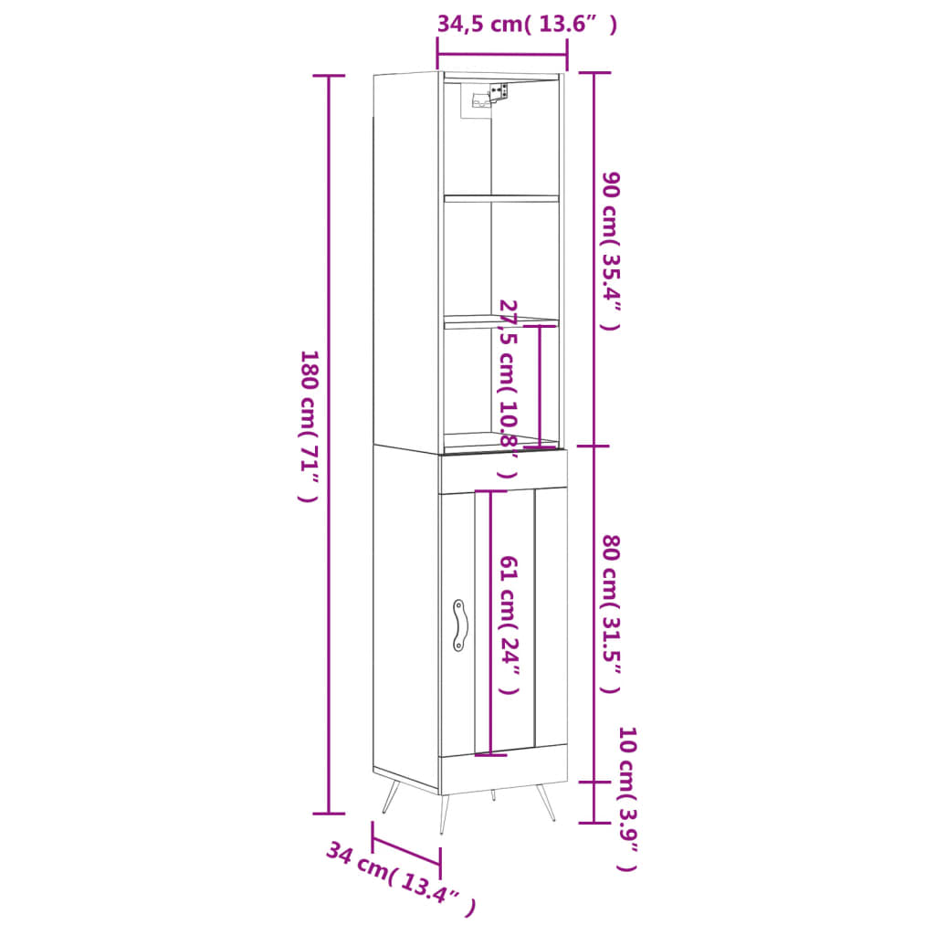 vidaXL Highboard Black 34.5x34x180 cm Engineered Wood