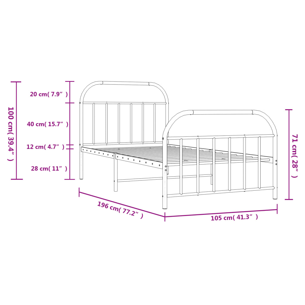 vidaXL Metal Bed Frame without Mattress with Footboard White 100x190 cm