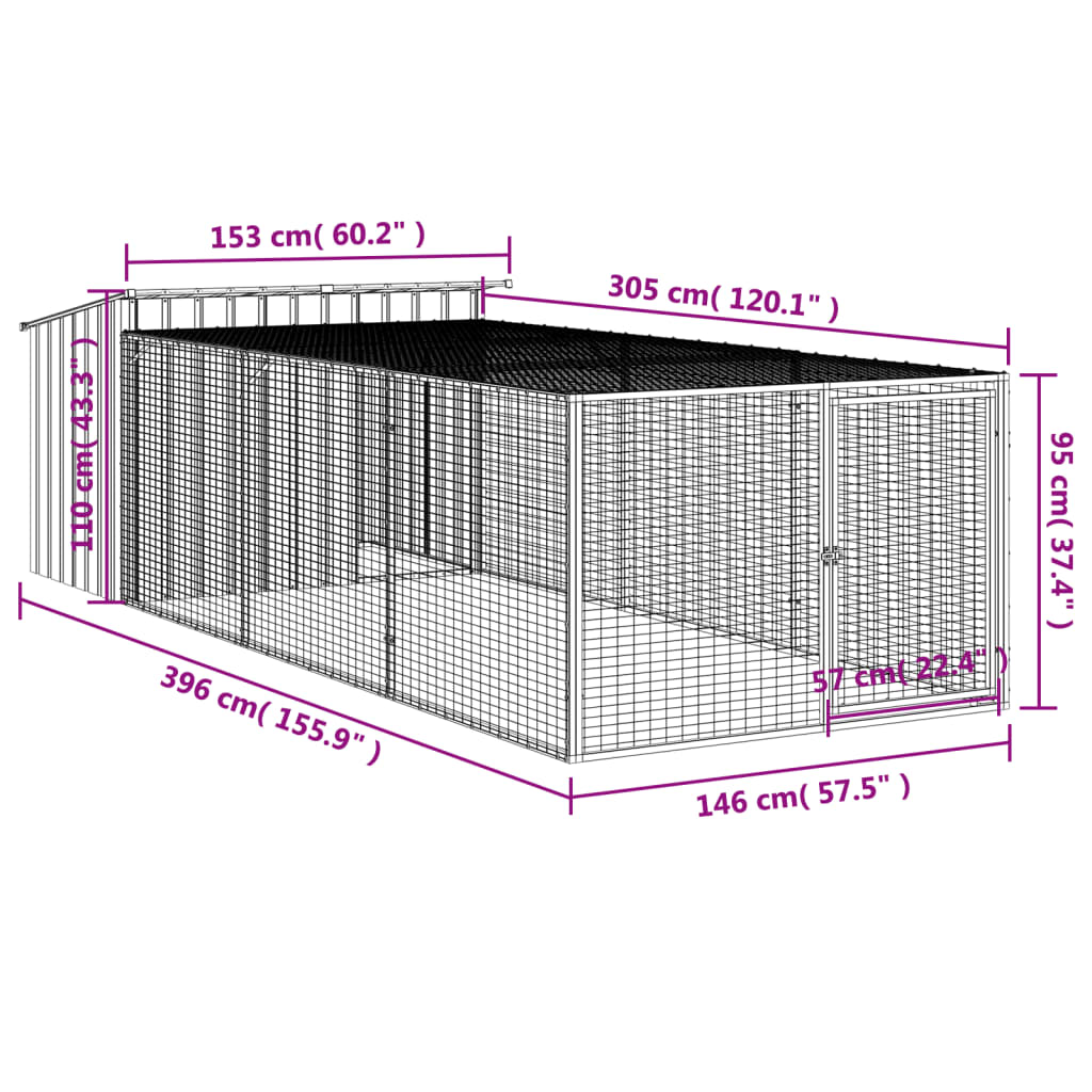 vidaXL Dog House with Run Anthracite 153x396x110 cm Galvanised Steel