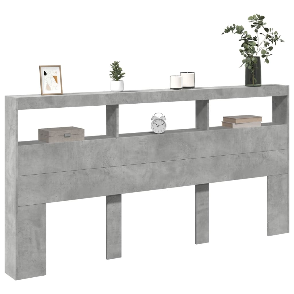 vidaXL Headboard Cabinet with LED Concrete Grey 200x17x102 cm