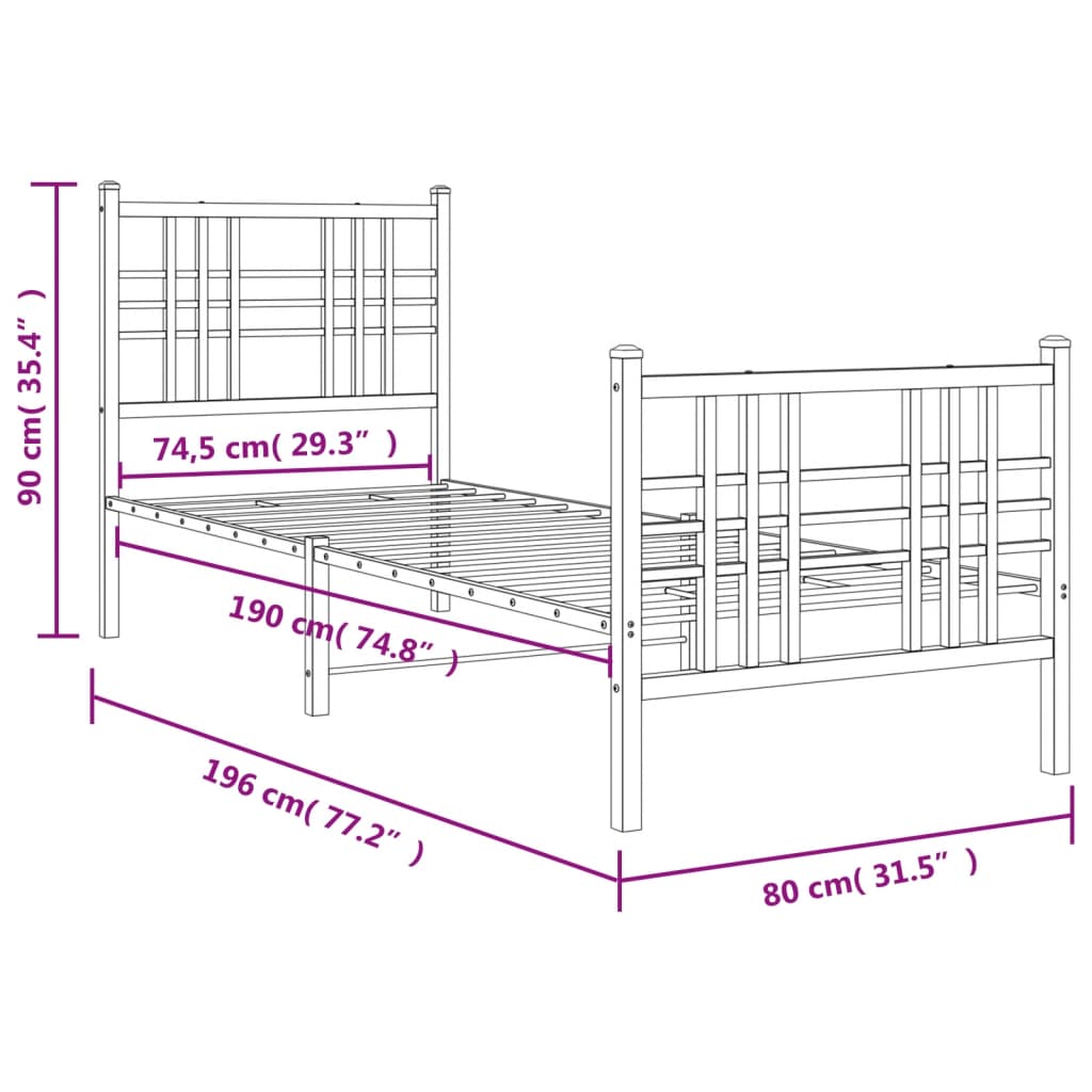 vidaXL Metal Bed Frame without Mattress with Footboard White 75x190 cm Small Single