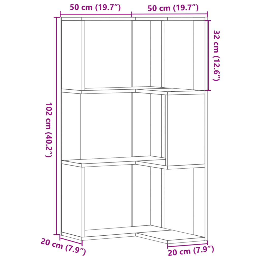 vidaXL Corner Bookcase 3-Tier Grey Sonoma 50x50x102 cm Engineered Wood