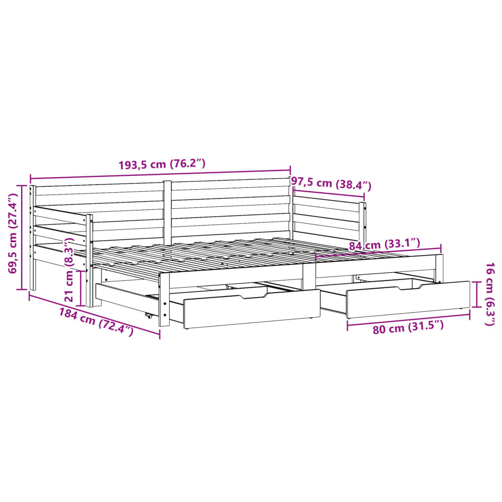 vidaXL Daybed with Trundle and Drawers without Mattress White 90x190 cm Single