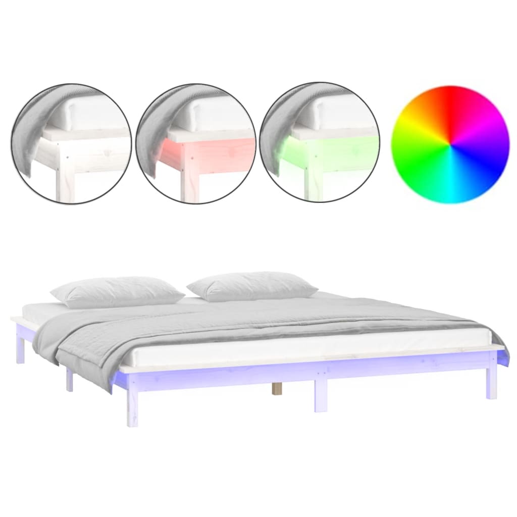 vidaXL LED Bed Frame without Mattress White 135x190 cm Double Solid Wood