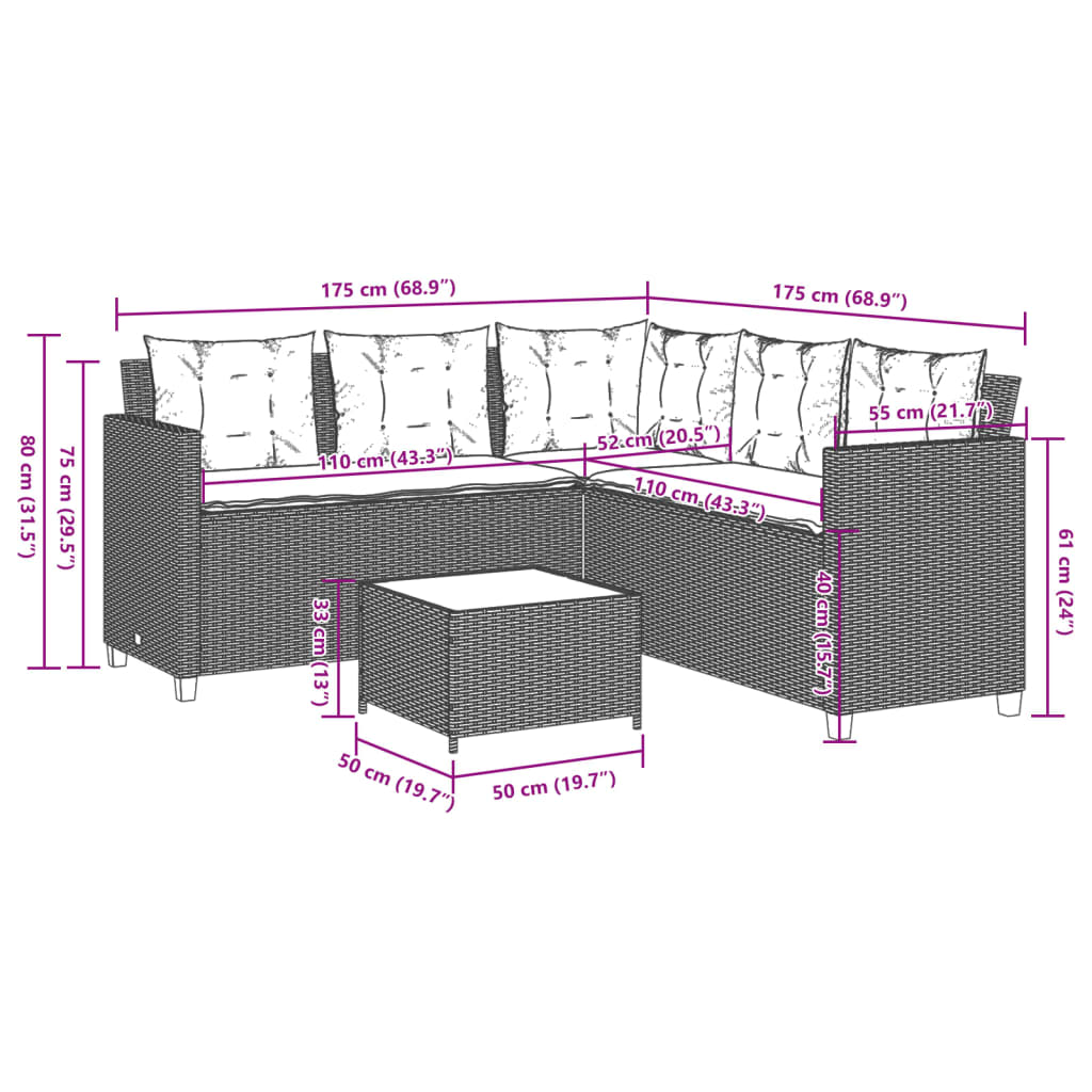 vidaXL Garden Sofa with Table and Cushions L-Shaped Brown Poly Rattan