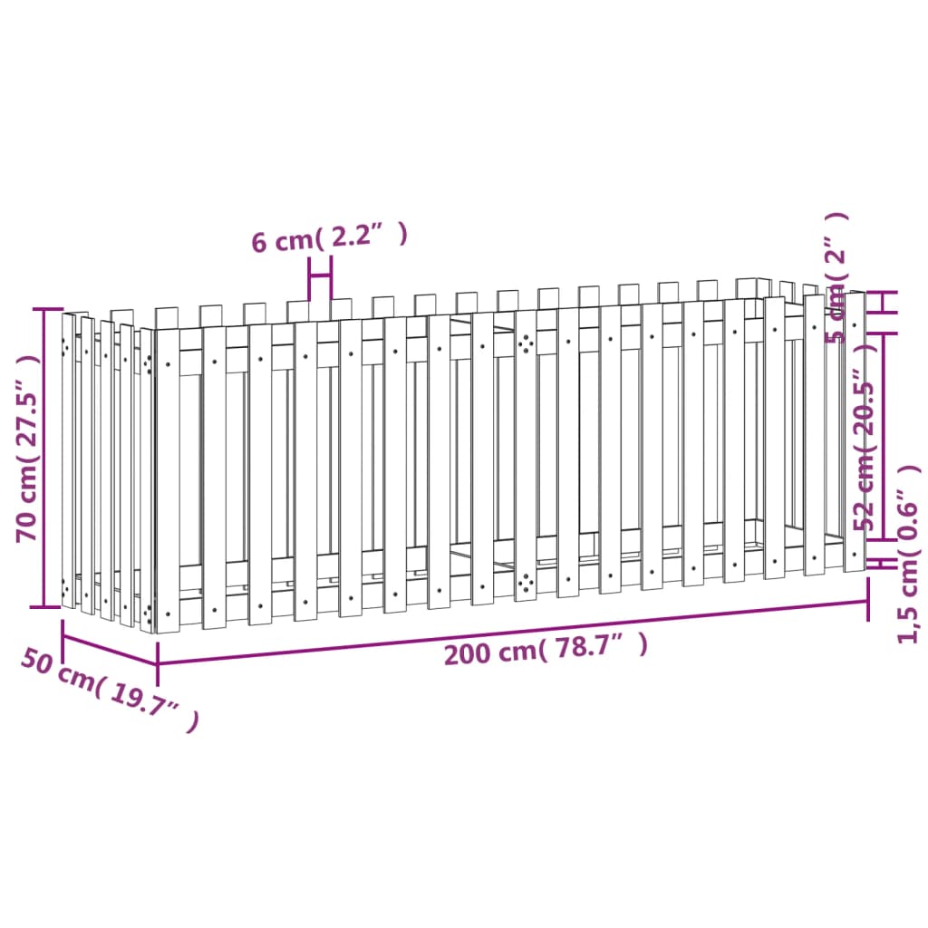 vidaXL Garden Raised Bed with Fence Design Black 200x50x70 cm Solid Wood Pine