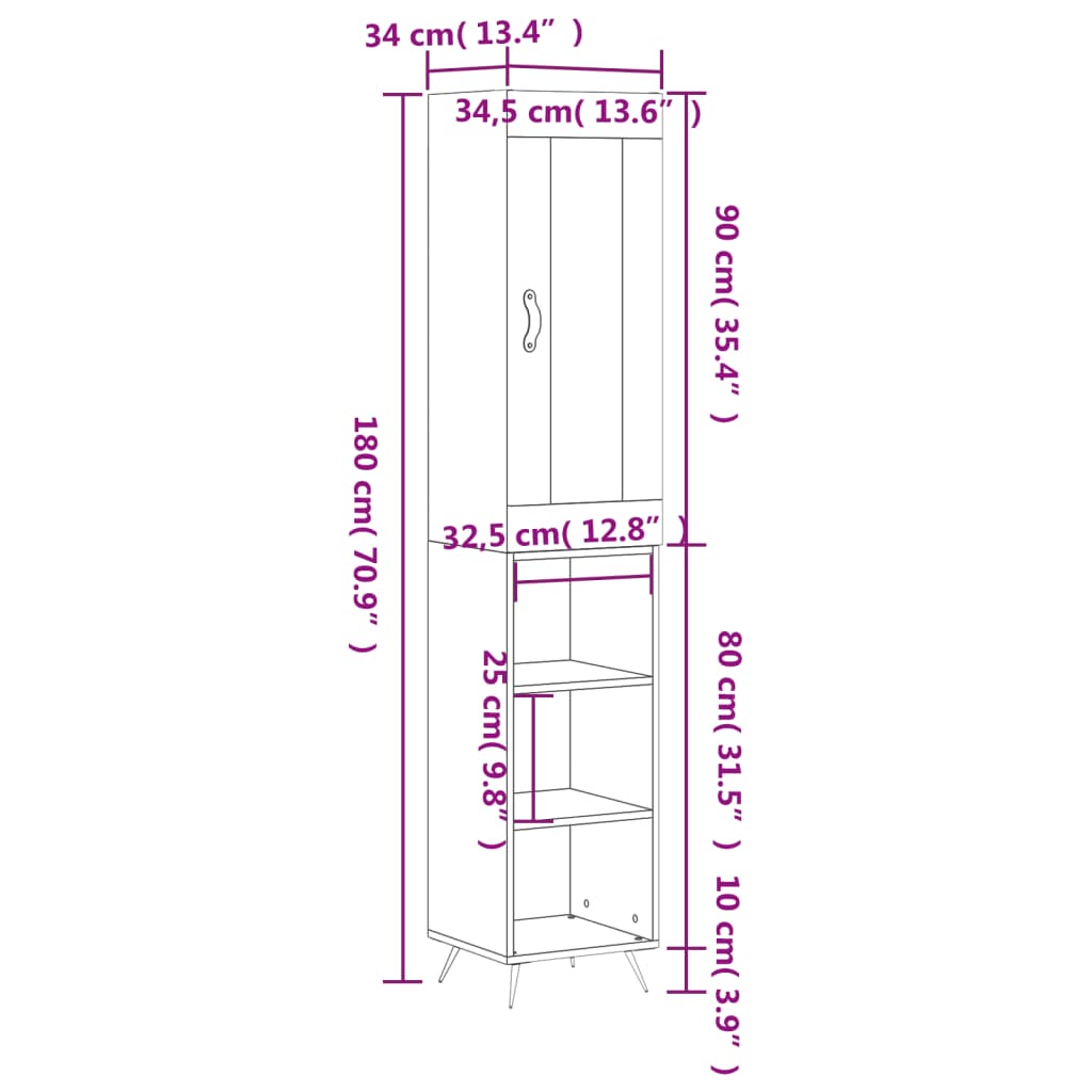 vidaXL Highboard High Gloss White 34.5x34x180 cm Engineered Wood