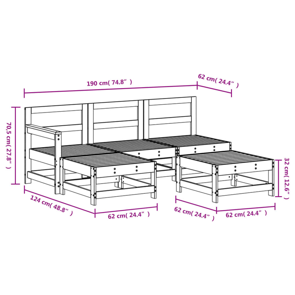 vidaXL 5 Piece Garden Lounge Set Black Solid Wood Pine