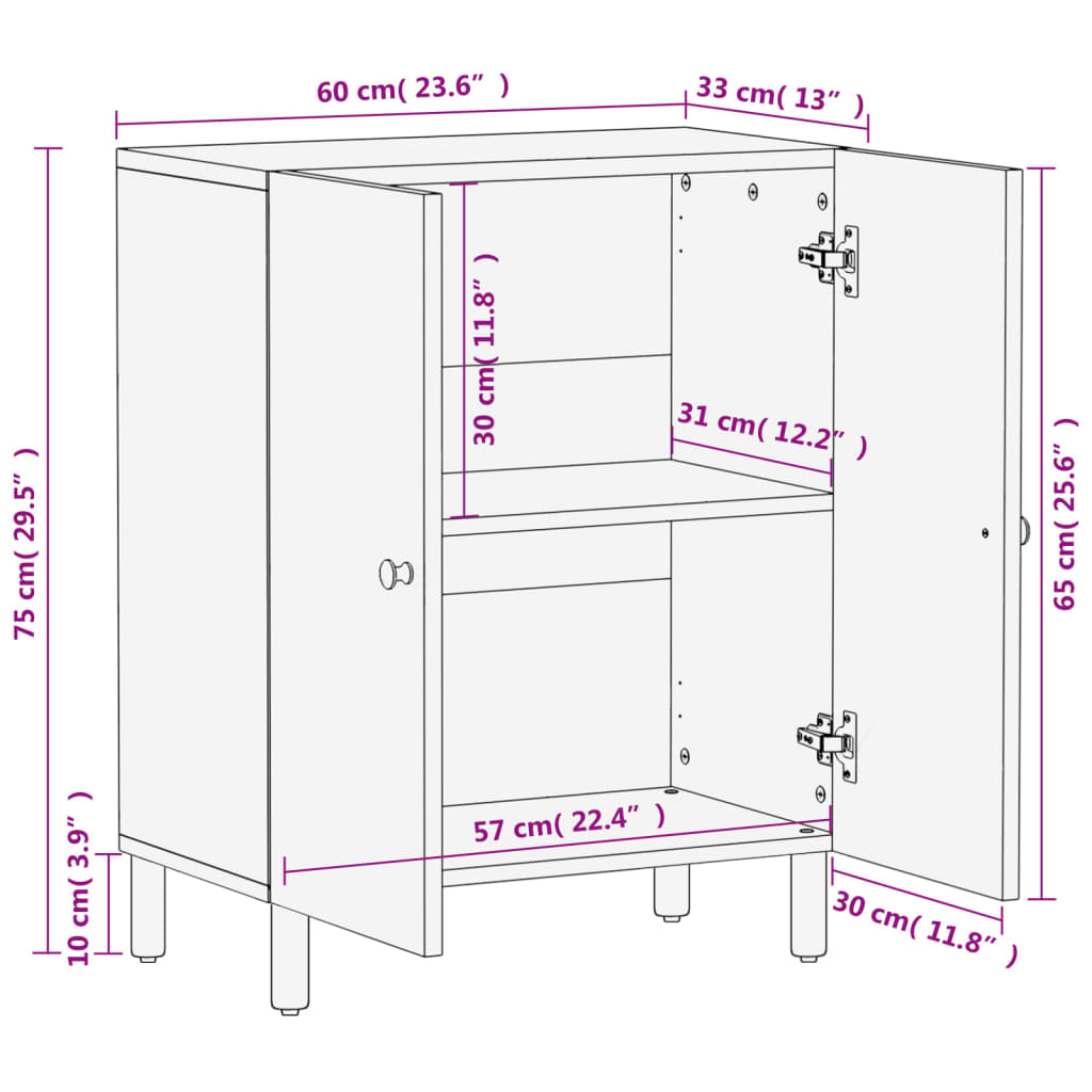 vidaXL Side Cabinet Black 60x33x75 cm Solid Wood Mango