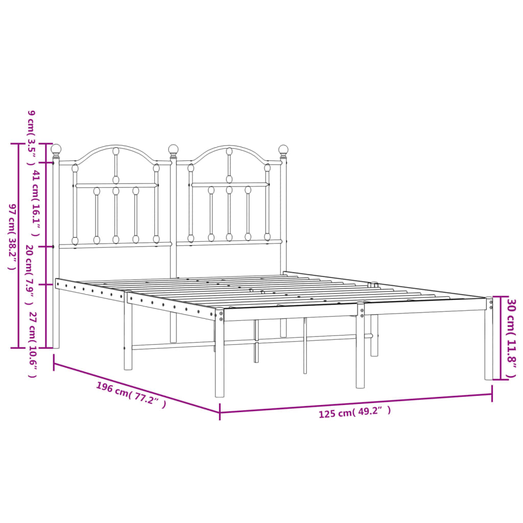 vidaXL Metal Bed Frame without Mattress with Headboard White 120x190 cm Small Double