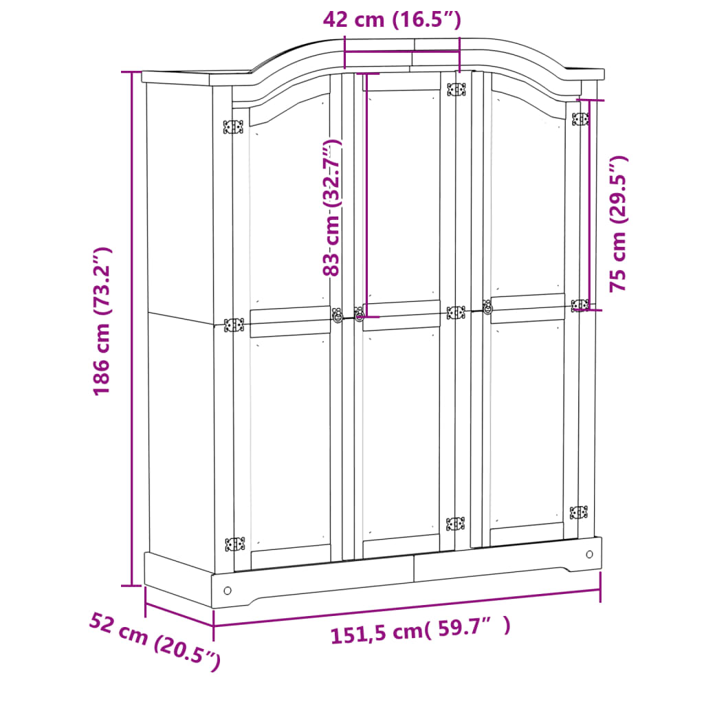 vidaXL Wardrobe Corona White 151.5x52x186 cm Solid Wood Pine