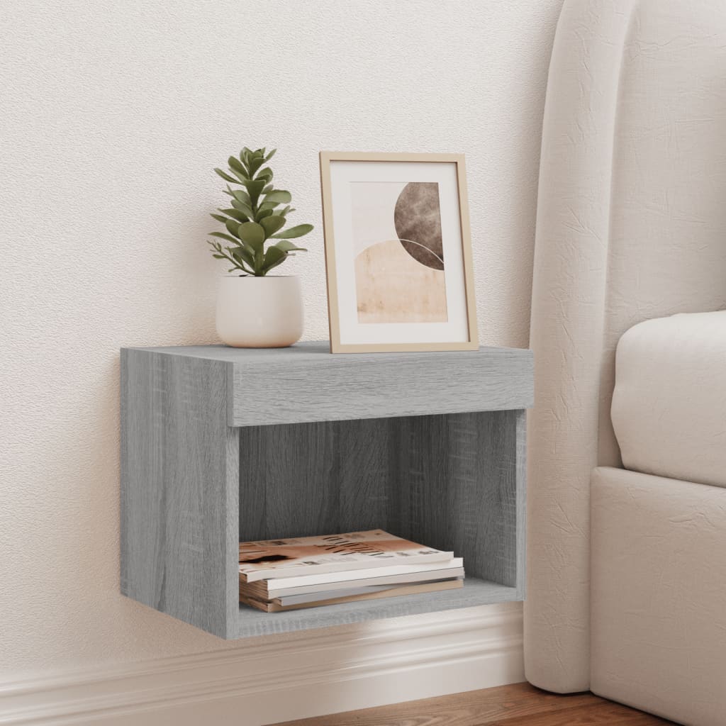 vidaXL Bedside Cabinet with LED Lights Wall-mounted Grey Sonoma