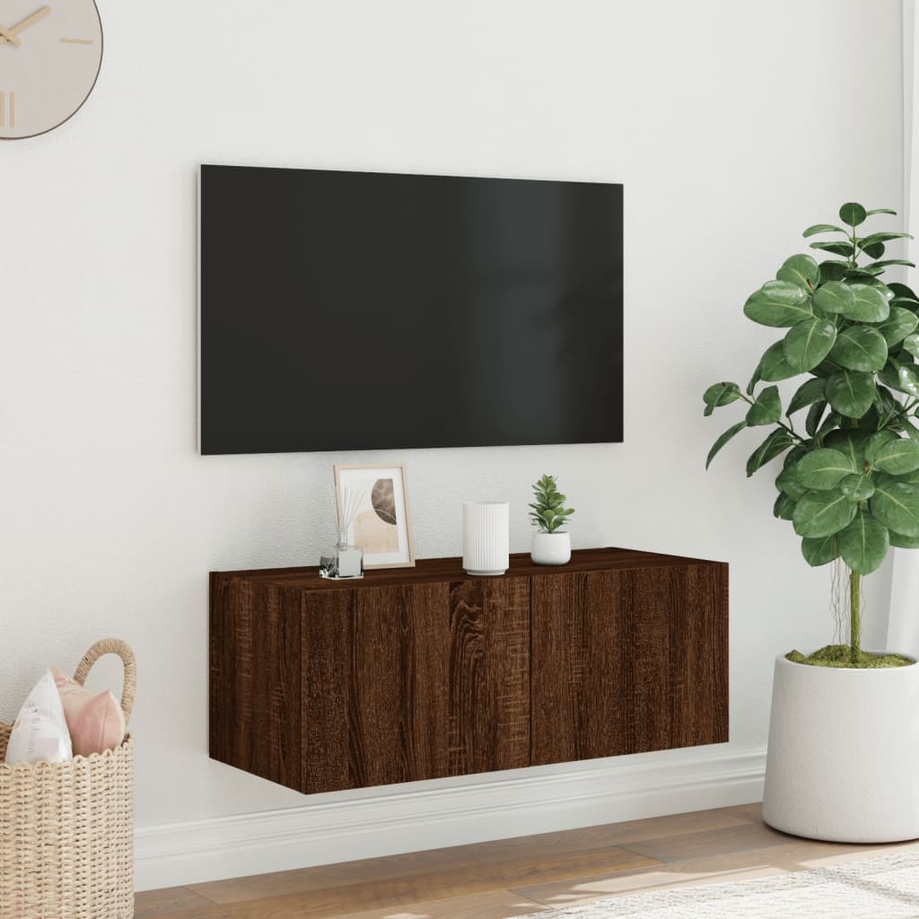 vidaXL TV Wall Cabinet with LED Lights Brown Oak 80x35x31 cm