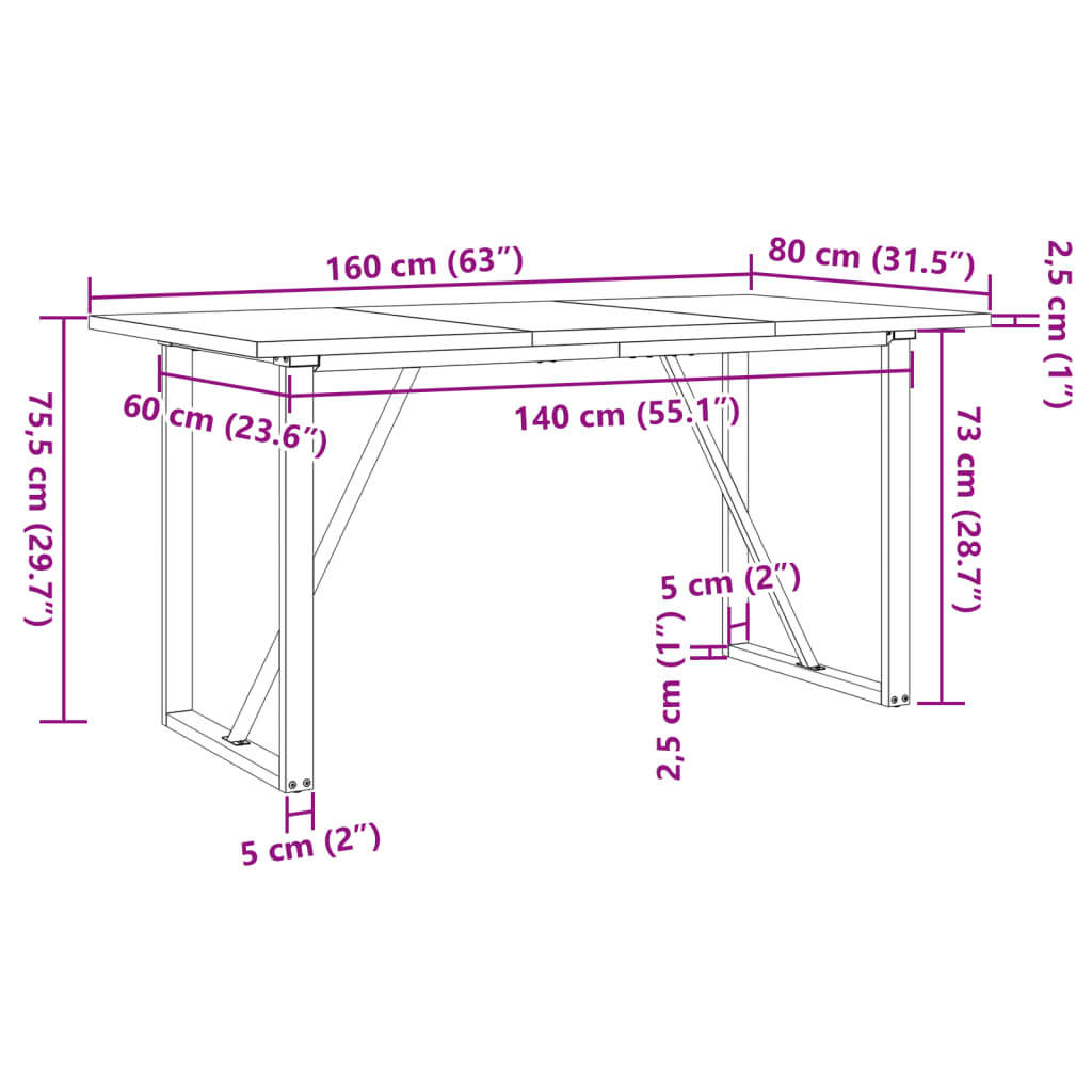 vidaXL Dining Table O-Frame 160x80x75.5 cm Solid Wood Pine and Cast Iron