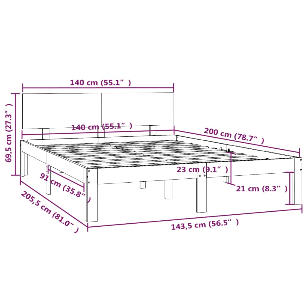 vidaXL Bed Frame without Mattress Honey Brown Solid Wood Pine 140x200 cm