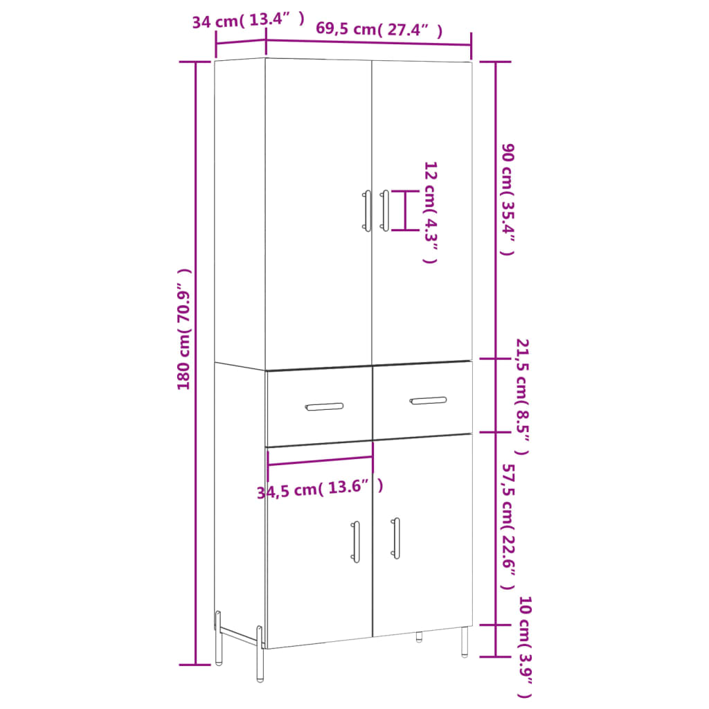 vidaXL Highboard Grey Sonoma 69.5x34x180 cm Engineered Wood