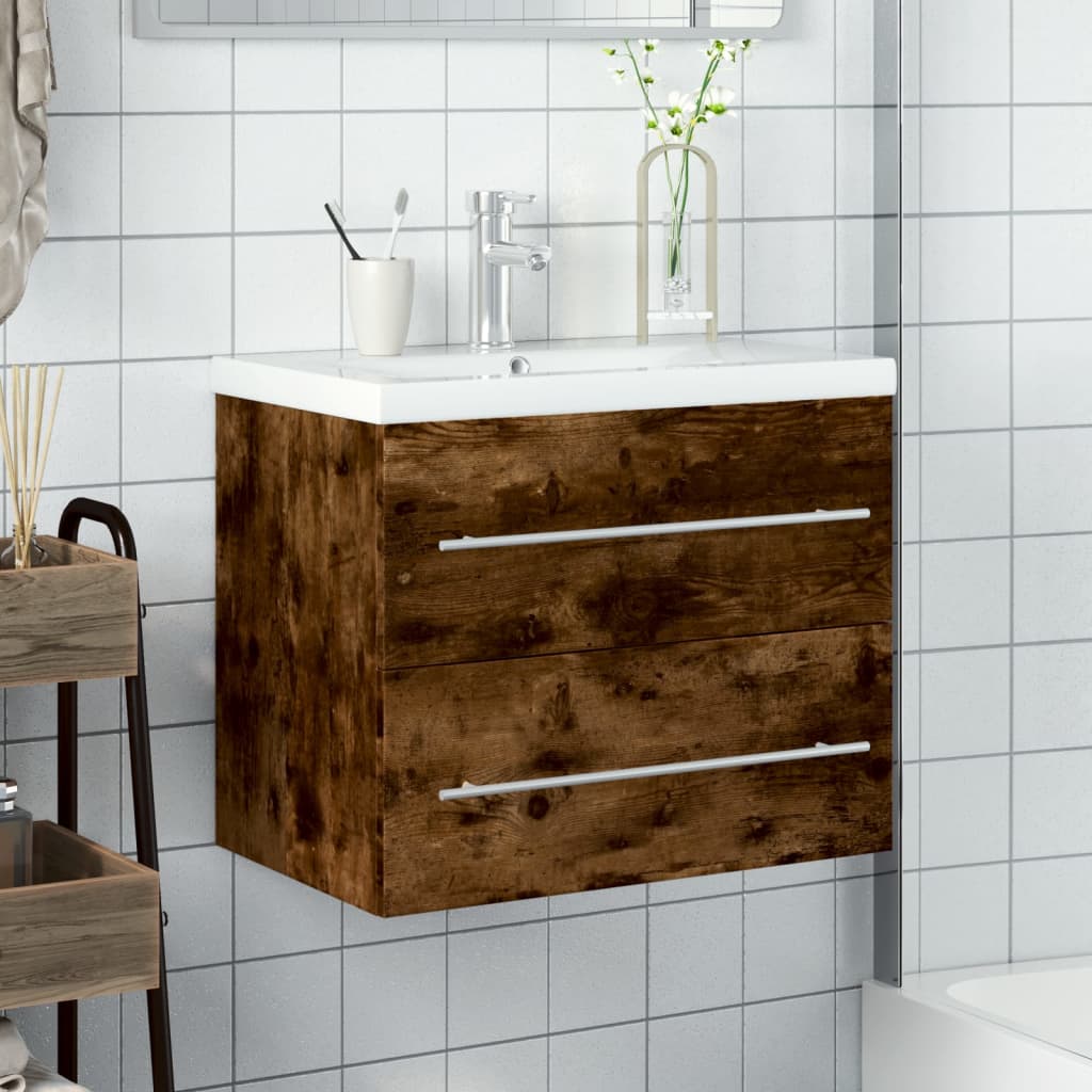 vidaXL Bathroom Sink Cabinet with Built-in Basin Smoked Oak