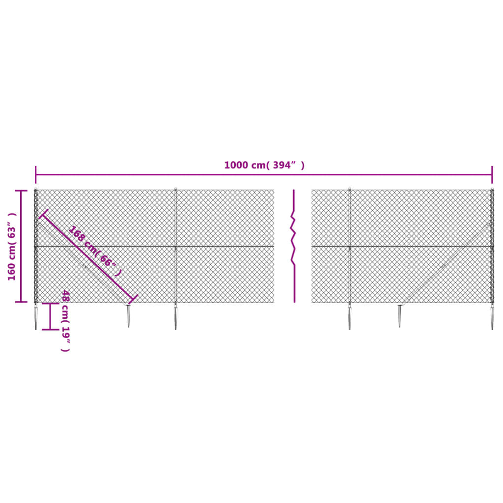 vidaXL Chain Link Fence with Spike Anchors Silver 1.6x10 m