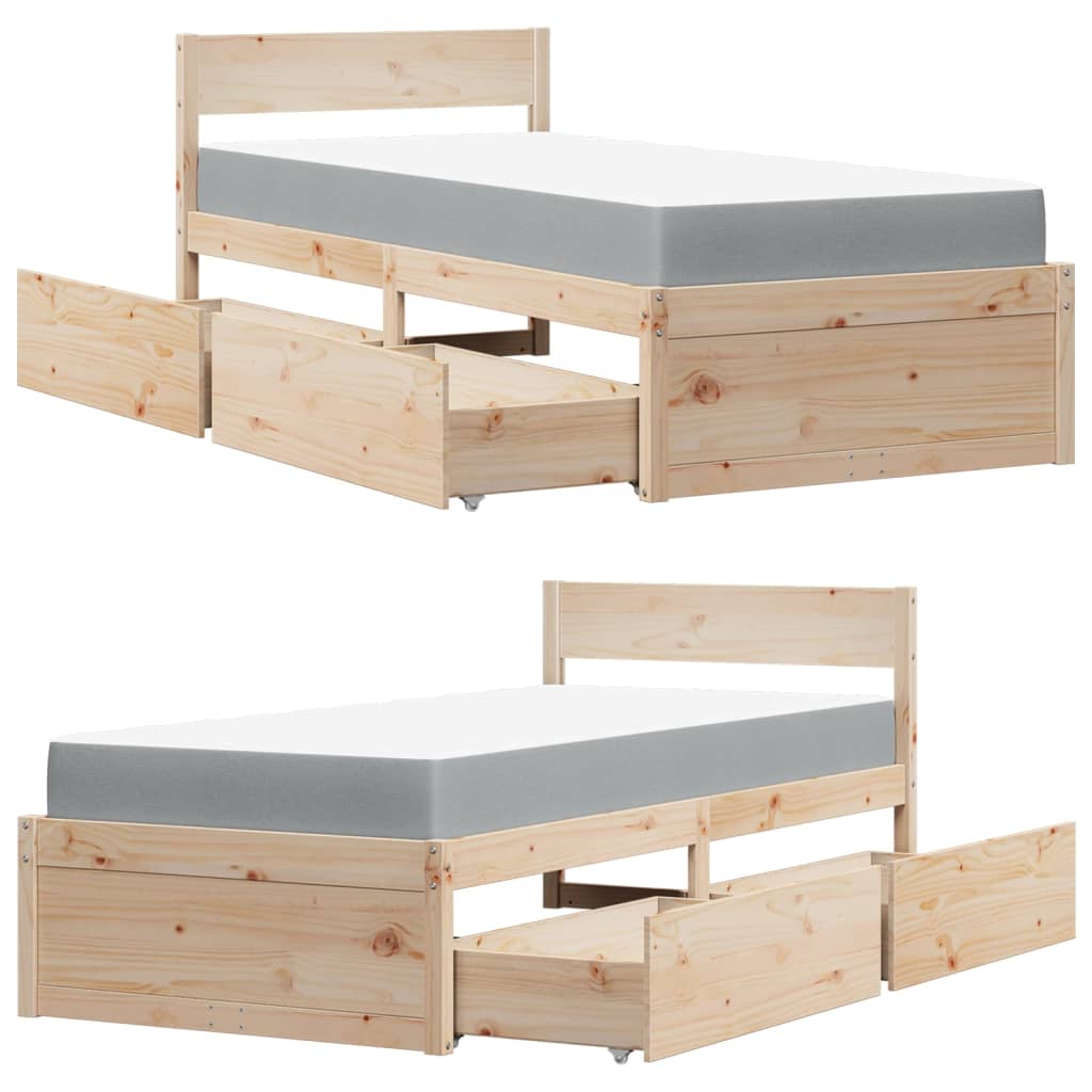 vidaXL Bed with Drawers and Mattress 90x190 cm Single Solid Wood Pine