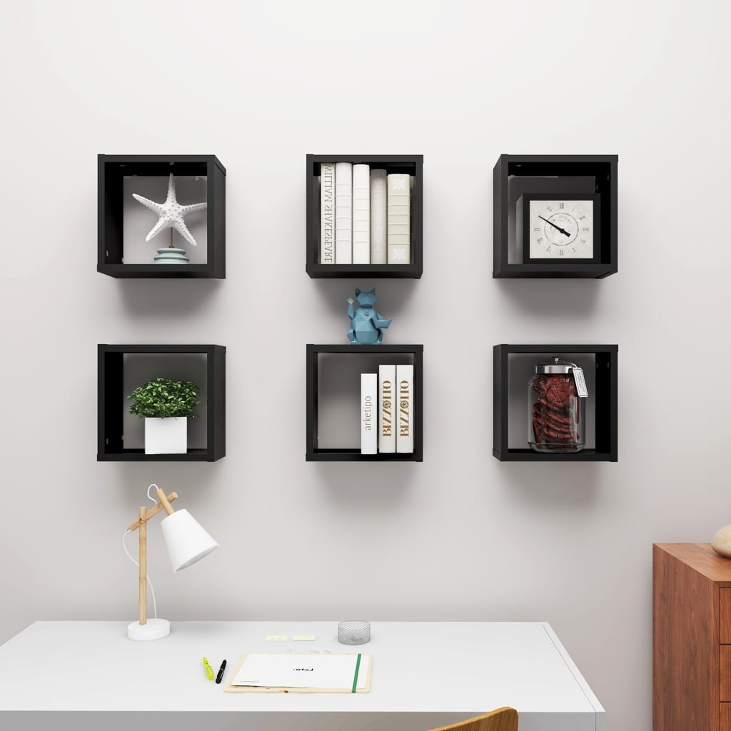 vidaXL Wall Cube Shelves 6 pcs Black 30x15x30 cm