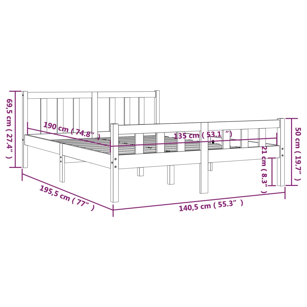 vidaXL Bed Frame without Mattress Grey Solid Wood Double